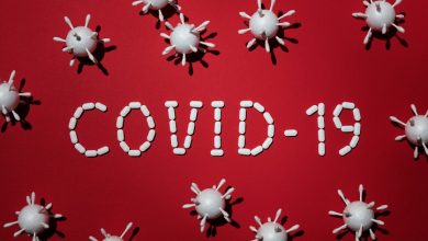 Covid-19 in white words on a red background with images of virus particles around it