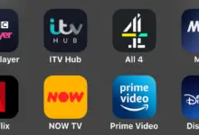 Streaming service apps - Itv hub, Channel 4, Now TV, Prime Video, Netflix, Disney Plus and My 5 - on a grey background