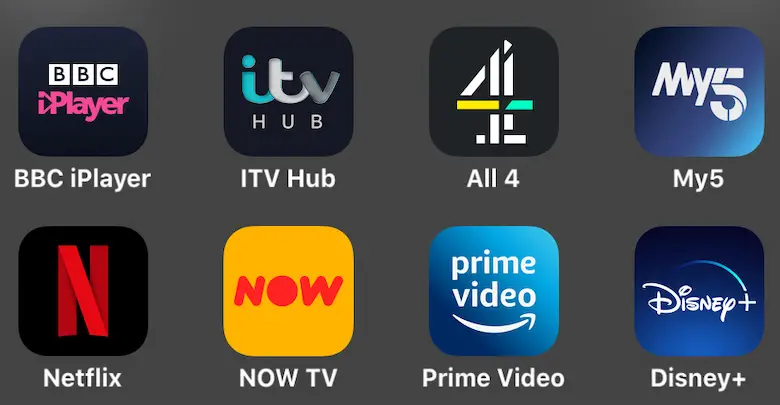 Streaming service apps - Itv hub, Channel 4, Now TV, Prime Video, Netflix, Disney Plus and My 5 - on a grey background