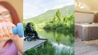 Three images - one of Tara using handweights, one of her in her wheelchair by a spa pool in her robe and another of a man taking a photograph in front of a lake