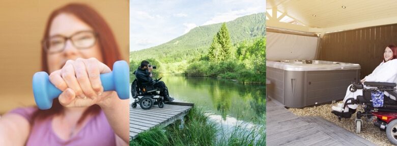 Three images - one of Tara using handweights, one of her in her wheelchair by a spa pool in her robe and another of a man taking a photograph in front of a lake