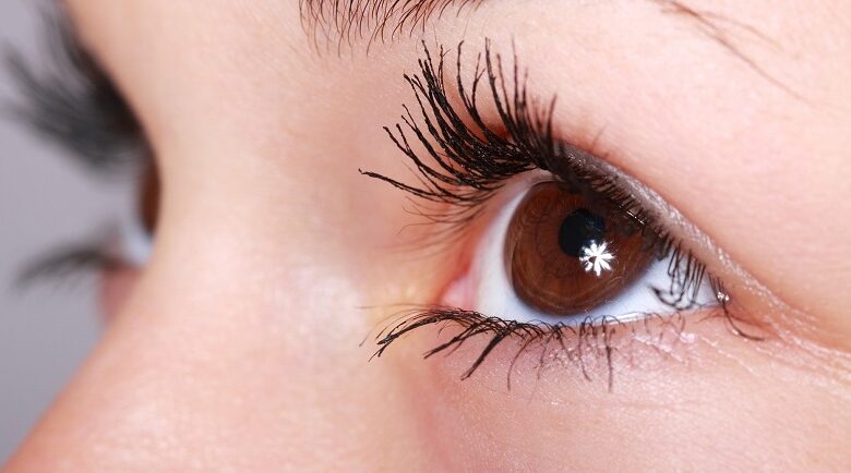 Close up of woman's eyes with eyelashes covered in mascara