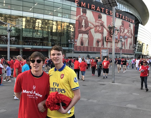 Freddie Stebbing with a friend outside the Emirates Football stadium