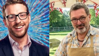 JJ Chalmers from Strictly in a blue suit on a sparkly background and Marc Elliot in the Bake Off tent