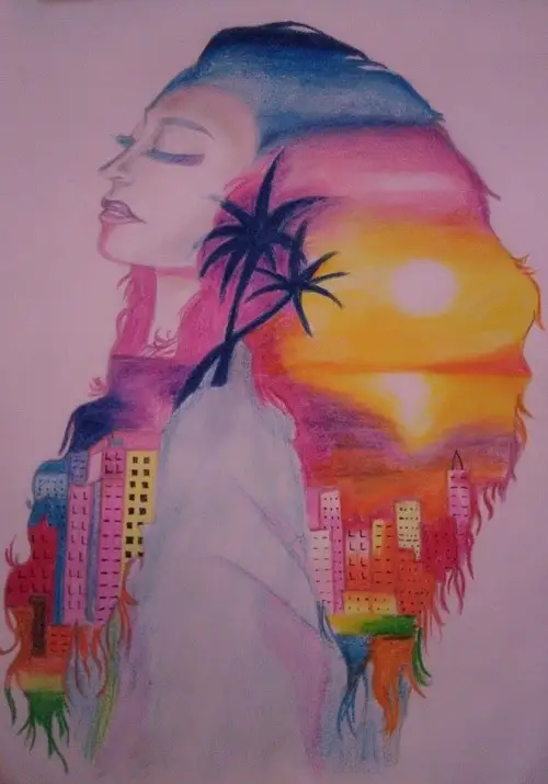 https://drawingout.org/artwork/ahanjit-biswas/ Artwork by disabled artist Ahanjit Biswas showing light pink paper with a woman viewed from the side with rainbow hair and a silhouette of high-rise buildings