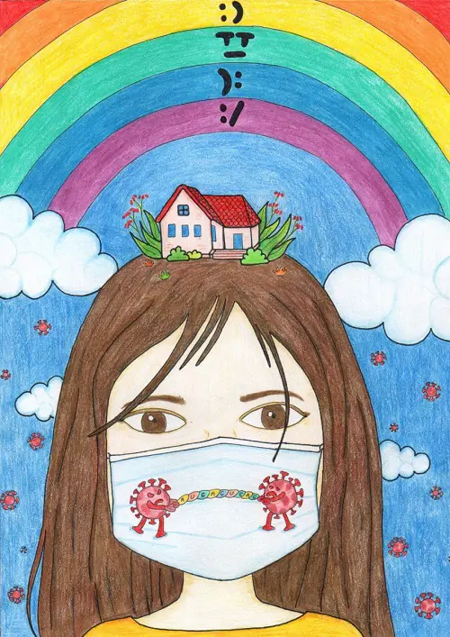 https://drawingout.org/artwork/tri-iva-fitriani/ Artwork by disabled artist Tri Iva Fitriani showing a colour drawing of a girl with brown hair wearing a face mask with virus particles on it and a house on the top of her head with a blue sky in the background and rainbow over her head