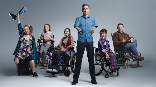 CripTales cast left to right - Jackie Hagan, Liz Carr, Carly Houston, Mat Fraser, Ruth Madeley and Robert Softly Gale