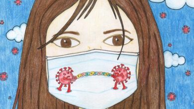 Cropped artwork by disabled artist Tri Iva Fitriani showing a colour drawing of a girl with brown hair wearing a face mask with virus particles on it