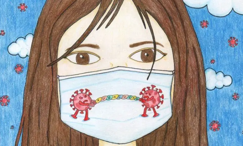 Cropped artwork by disabled artist Tri Iva Fitriani showing a colour drawing of a girl with brown hair wearing a face mask with virus particles on it