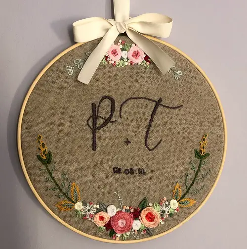 Embroidery circle with flowers and initials by Catherine