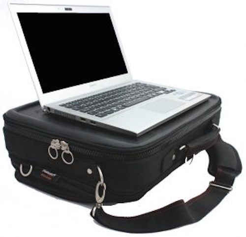 Trabasack Max wheelchair lap tray and bag with a laptop set on the top