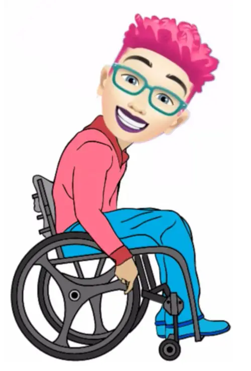 Danielle as a cartoon showing her in a manual wheelchair with pink hair and glasses and wearing a pink top and blue jeans