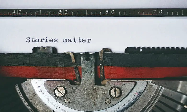 A typewriter has written Stories Matter - photo by Suzy Hazelwood