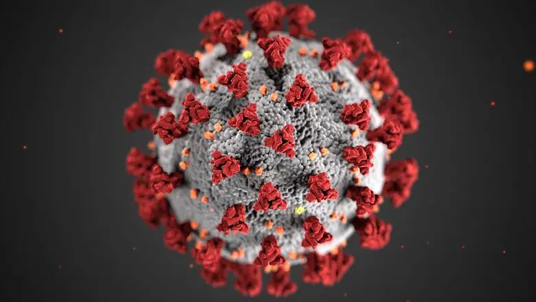 Graphic of covid virus, grey with red clusters all over it, floating in the air on a black background