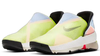 Nike Go FlyEase hands-free soes in white, Celestine Blue, and Volt