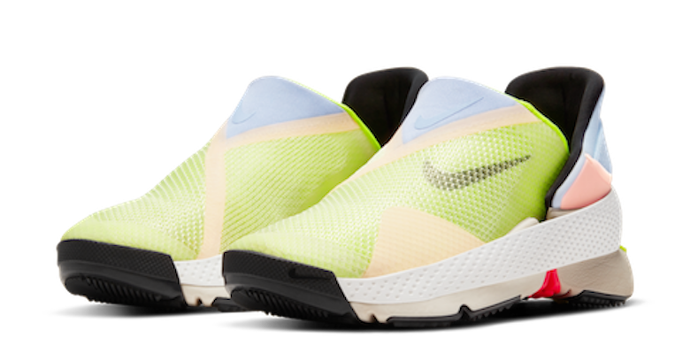 Nike Go FlyEase hands-free soes in white, Celestine Blue, and Volt