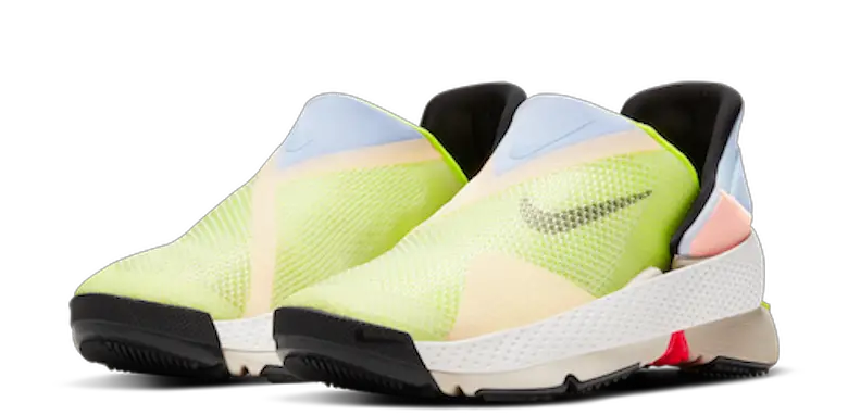 Nike Go FlyEase hands-free soes in white, Celestine Blue, and Volt