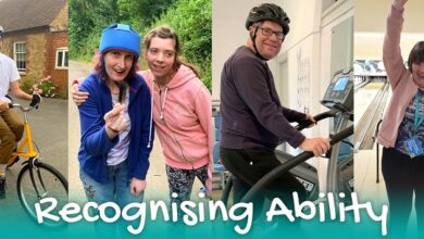 Four images of residents from The Meath care home for people with complex epilepsy and disability doing activities