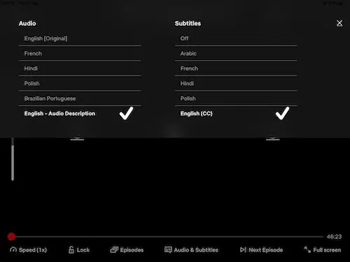 Screenshot of audio and subtitle options on Netflix with Englsh audio description ticked and English CC ticked