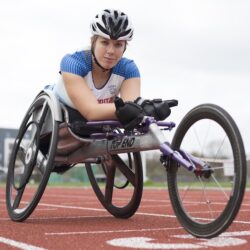 Hannah Cockroft sat in racing chair on track