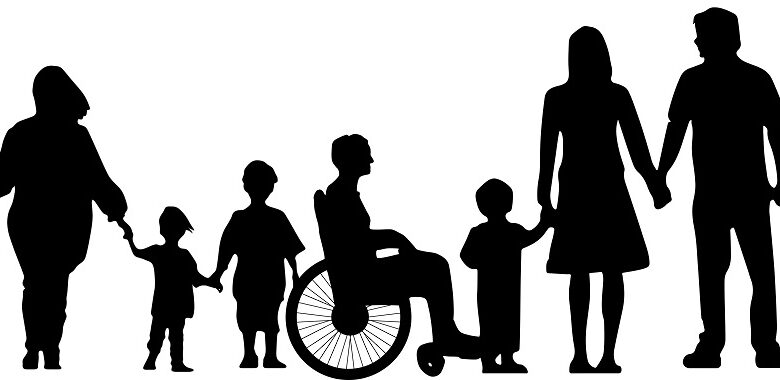 Silhouette of a range of people including children and adults and someone in a wheelchair