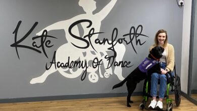 Kate Stanforth Academy of Dance written in stylish lettering with Kate on the right sat in her wheelchair in a dance studio