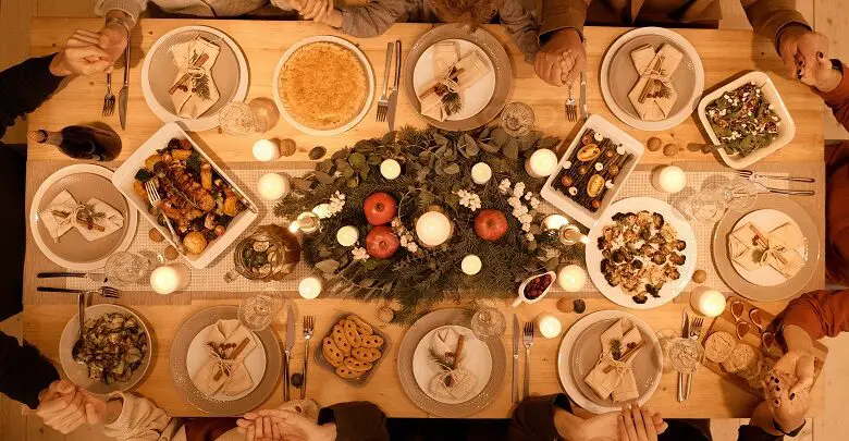 Christmas lunch on a table viewed from above