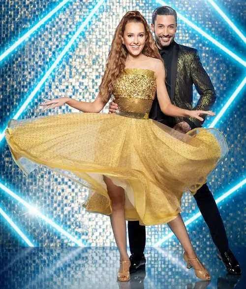 Rose Ayling-Ellis on Strictly Come Dancing wearing a gold sequin dress with her dance partner Giovanni