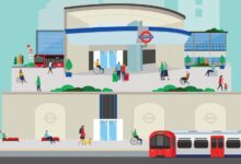 TfL illustration showing a step-free Tube station in London with people around it