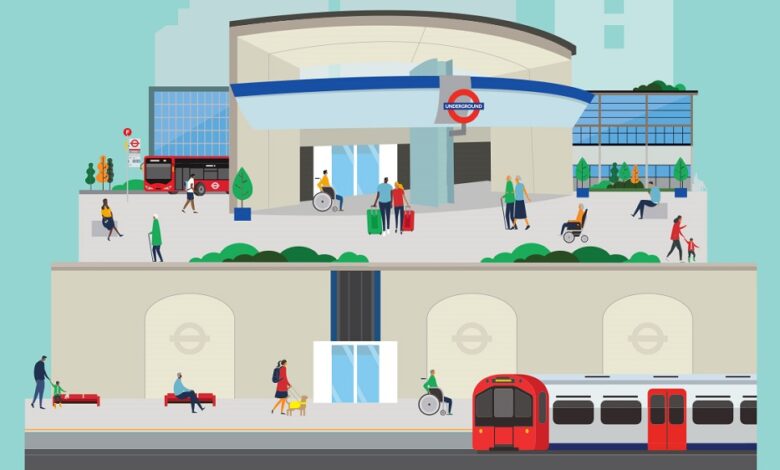 TfL illustration showing a step-free Tube station in London with people around it