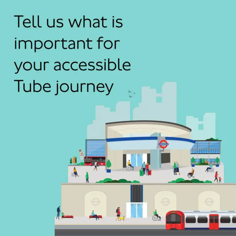 TfL illustration showing a step-free Tube station in London with people around it with the words 'tell us what is important for your accessible Tube journey