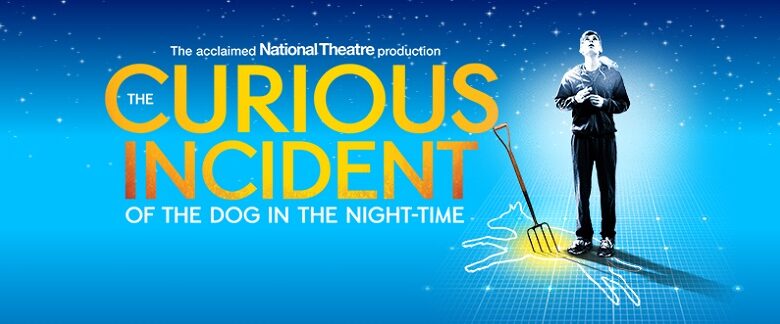 The Curious Incident with the Dog in the Night Garden words on a blue background with the main character Christopher next to it