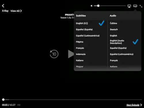 Screenshot of audio and subtitle options on Amazon Prime Video with Englsh audio description ticked and English CC ticked