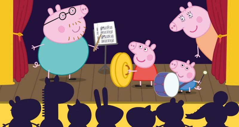 Cartoon of Peppa Pig on stage with Mummy Pig and Daddy pig playing instruments - Peppa Pig: My First Concert atImagine at Children's Festival 2022 at Southbank Centre