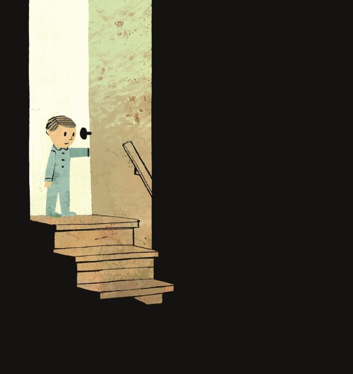 A drawing of a small boy wearing blue pyjamas opening a door into a completely dark room with steps down to it - The Dark at Imagine Children's Festival 2022 at Southbank Centre