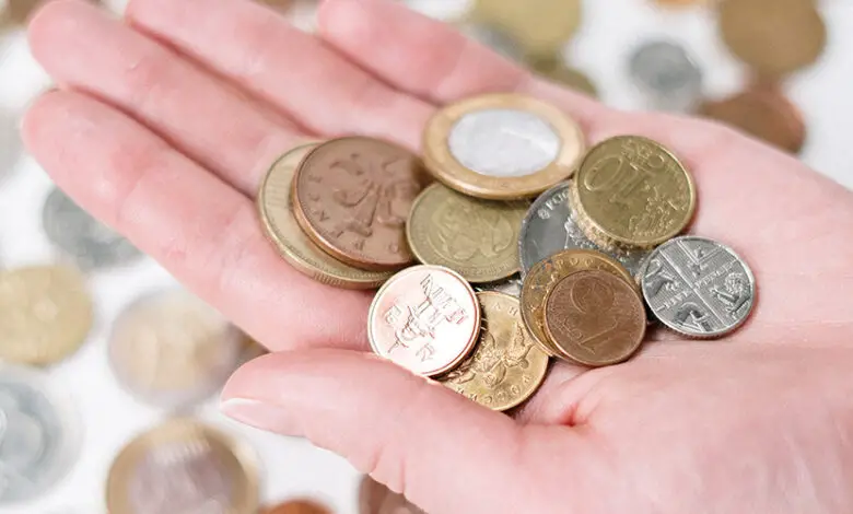 Coins being held in the palm of a hand