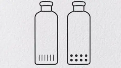 Drawing of two universal design bottles with tactile stripes and circles