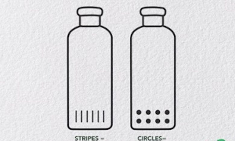 Drawing of two universal design bottles with tactile stripes and circles