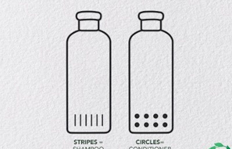 Drawing of two universal design bottles with tactile stripes and circles