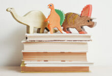 A pile of books with wooden kids toys on top of them