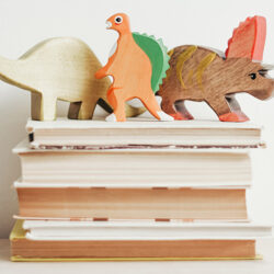 A pile of books with wooden kids toys on top of them