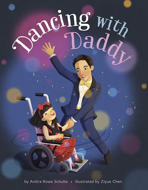 Dancing with Daddy book showing an illustration of a man in a suit dancing with his daughter who is a wheelchair user