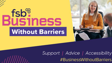 A female disabled entrepreneur in a wheelchair with the words FSB Business Without Barriers, support, advice and accessibility on it