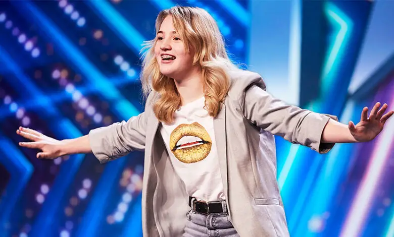 Eva Abley on Britain's Got Talent stage with arms stretched out to each side