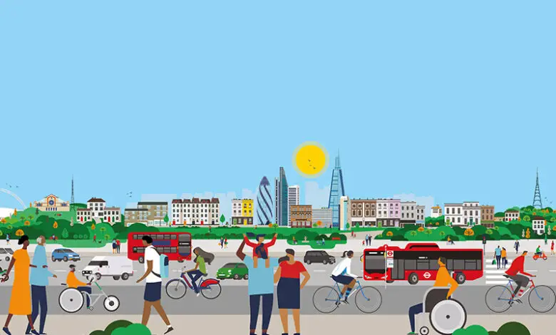 Graphic illustration of London buildings set against a blue sky with red London busses and people all around including a cyclist, people walking, a wheelchair user and someone on a trike