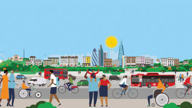 Graphic illustration of London buildings with people all around including a wheelchair user and someone on a trike featured image