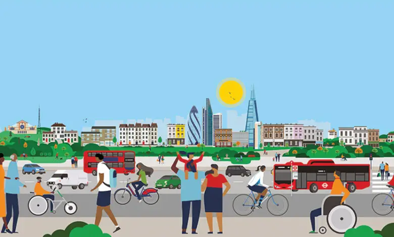 Graphic illustration of London buildings with people all around including a wheelchair user and someone on a trike featured image