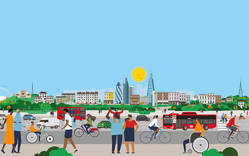 Graphic illustration of London buildings set against a blue sky with red London busses and people all around including a cyclist, people walking, a wheelchair user and someone on a trike
