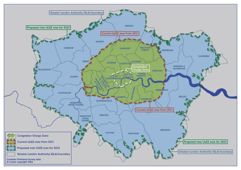TfL Low Emissions Zone proposed expansion map showing central London in green and Greater London in blue