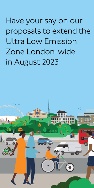 A gif showing a graphic illustration of London buildings set against a blue sky with red London buses and people all around including a cyclist, people walking, a wheelchair user and someone on a trike to the right. On the left it says: Have your say on our proposals to extend the Ultra Low Emissions Zone London-wide from August 2023 to help improve air quality, tackle climate change and reduce congestion in London. Consultation ends 29 July 2022